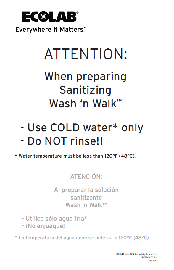 Sanitizing Wash 'n Walk Cold Water Chart